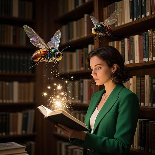 Mystical Library Woman with Spark Wings