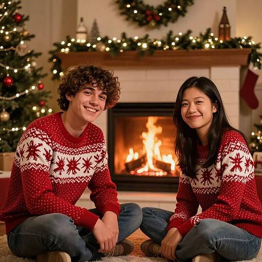 Photograph of a curly-haired young man and a long-haired young woman, both smiling, sitting cross-legged in front of a lit fireplace, wearing red