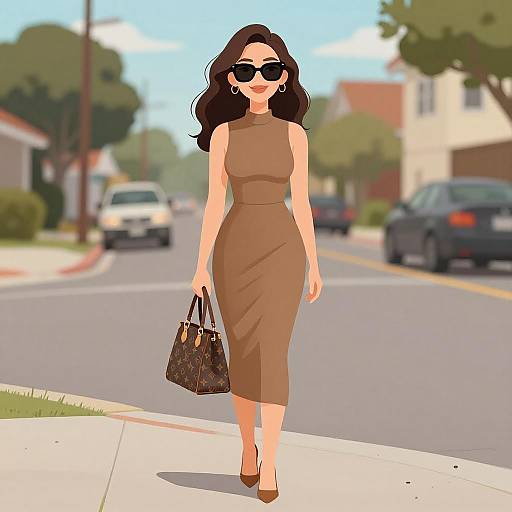 Digital illustration of a stylish woman with long brown hair, wearing a brown sleeveless dress, brown heels, black sunglasses, and a brown handbag,
