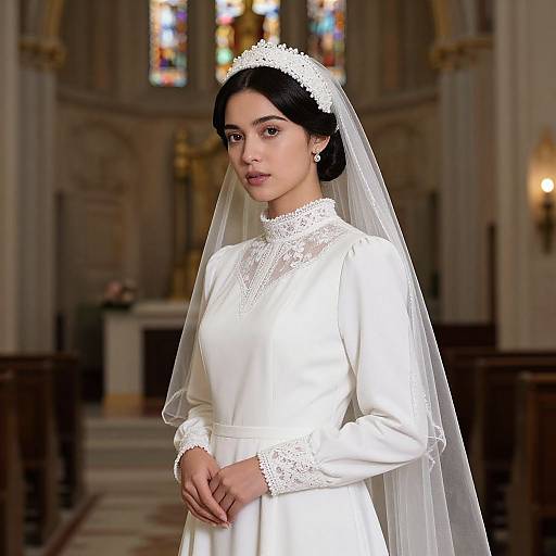 Photograph of an elegant Asian bride in a white lace wedding dress and veil, standing in a beautifully lit, ornate church.