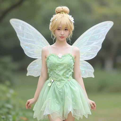 Photograph of a blonde girl with fair skin, wearing a light green fairy dress and transparent wings, standing in a green, blurred forest background.