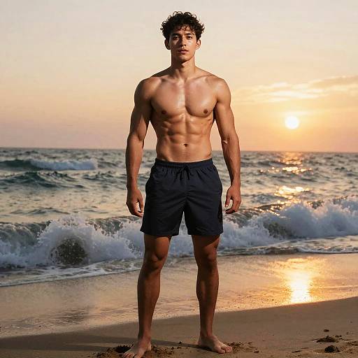 Muscular Boy at Sunset Beach