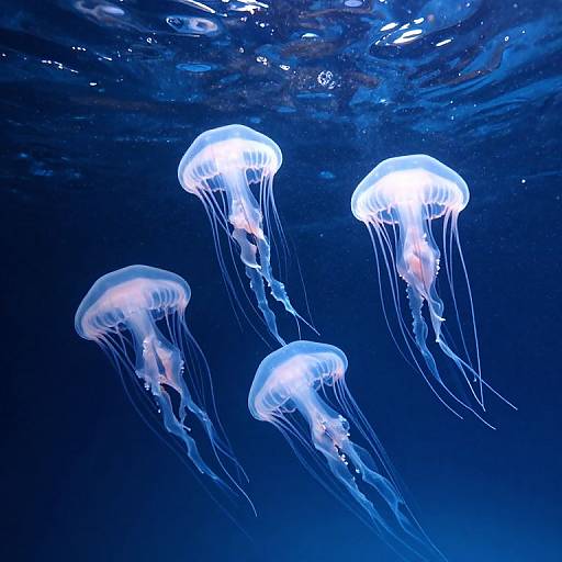 Photograph of four glowing, translucent jellyfish with long, flowing tentacles, floating gracefully in a dark, deep blue underwater scene.