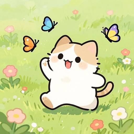 Cute, white-and-orange cartoon cat with a happy expression, jumping in a bright green grassy field with colorful flowers and two butterflies. Digital illustration