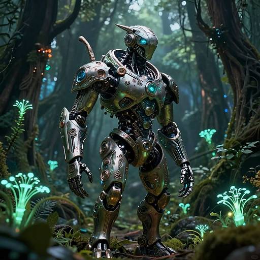Digital artwork of a futuristic, glowing blue-eyed robot standing in a mystical forest with bioluminescent plants and ethereal light.