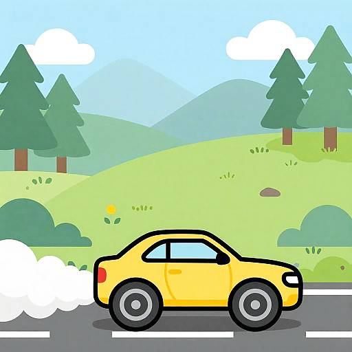 Digital cartoon of a bright yellow car driving on a road, surrounded by green hills, pine trees, and a blue sky.