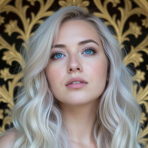 Photograph of a young woman with platinum blonde, wavy hair, blue eyes, and fair skin, set against a black and gold ornate background