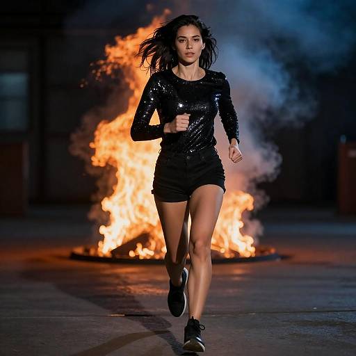 Determined Woman Running Through Flames