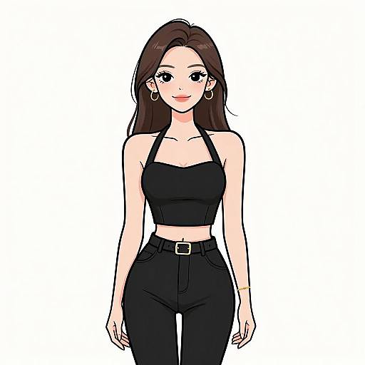 Digital drawing of a young woman with long brown hair, wearing a black crop top and high-waisted black pants, smiling, standing against a plain
