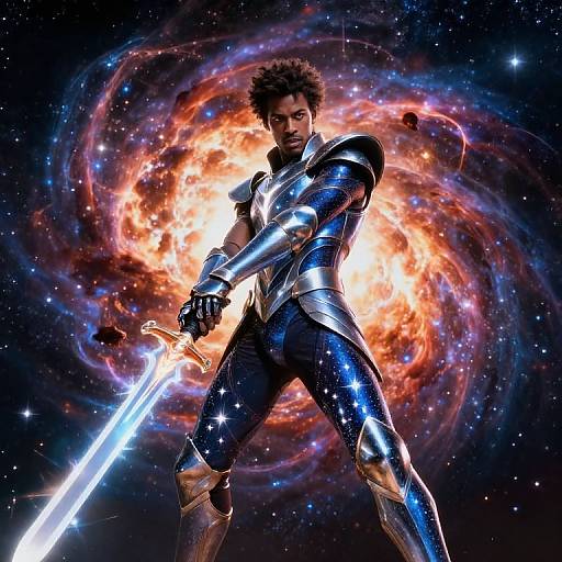 Digital art of a muscular, afro-haired man in shiny silver armor, holding a glowing sword, standing before a fiery, swirling galaxy.