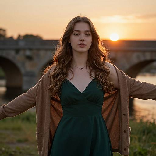 Photograph of a young woman with long wavy brown hair, wearing a green dress and brown cardigan, standing outdoors at sunset with a stone bridge