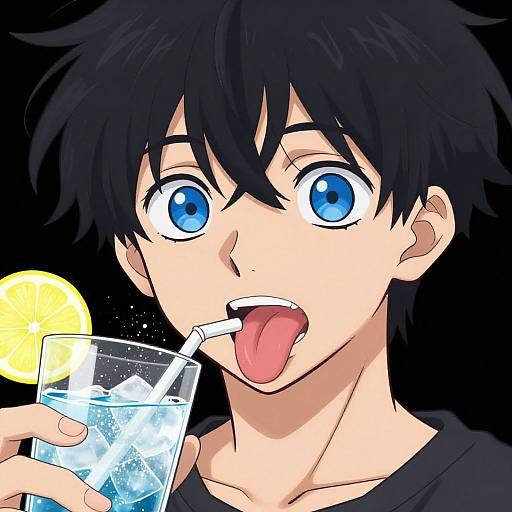 Anime-style digital drawing of a black-haired boy with blue eyes, sticking out his tongue while sipping a lemonade with ice.
