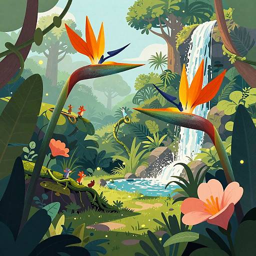 Vibrant digital illustration of a lush jungle with colorful birds on branches, waterfall, pink flowers, and a small pond. Bright sunlight filters through green