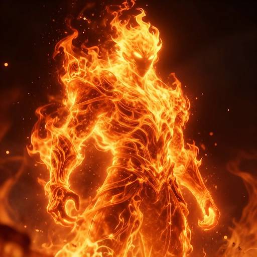 Vivid photograph of a tall, bright orange and yellow fire against a dark background, with intense flames swirling and flickering.