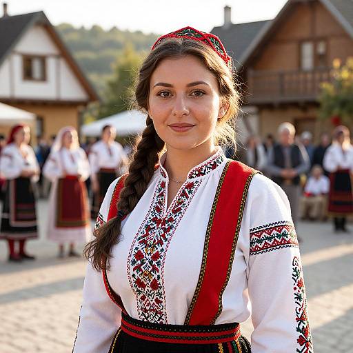 Photograph of a young woman with long braided brown hair, wearing a white embroidered blouse, red sash, and black skirt, standing in a
