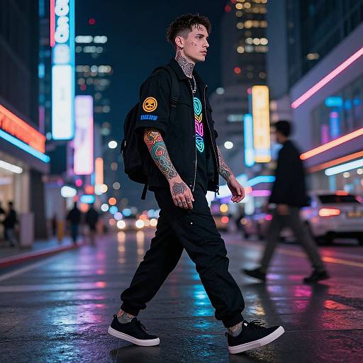 Neon Tattooed Male Model Cyberpunk Walk