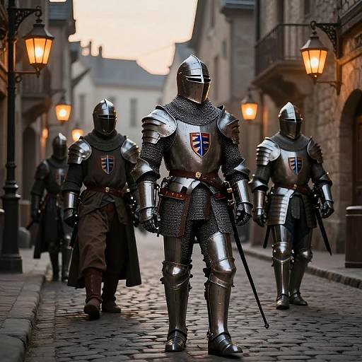 Photorealistic digital artwork of three armored knights in medieval street at dusk, with glowing lanterns, cobblestone path, and stone buildings.
