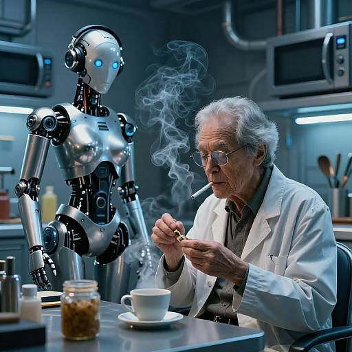 Futuristic Scientist and Robot in Kitchen