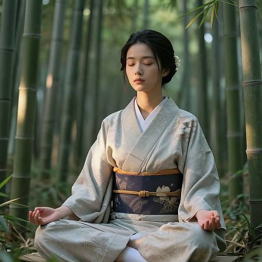 Serene Girl Meditating in Bamboo Grove