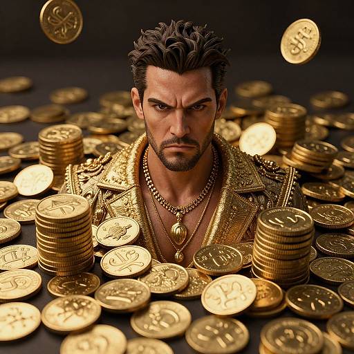 Photorealistic CGI of a stern, muscular man with dark hair and beard, wearing a gold-trimmed jacket and necklace, surrounded by floating gold
