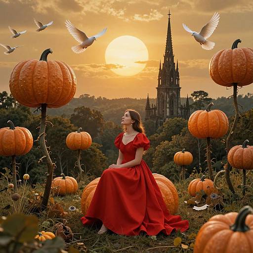 Photograph of a woman in a red dress sitting among giant pumpkins at sunset, with flying doves and a castle in the background.