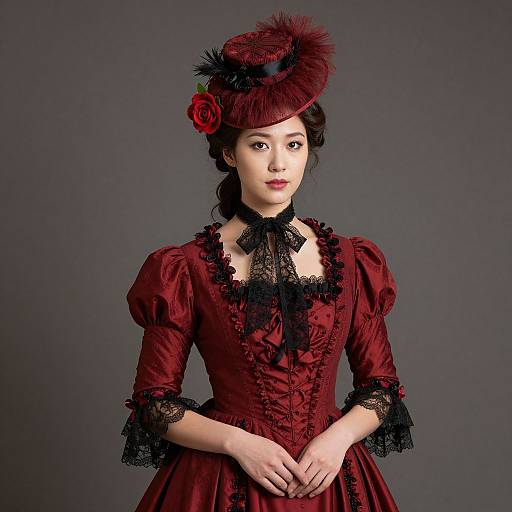 Photograph of an East Asian woman in a Victorian-style, deep red corset dress with black lace, matching hat adorned with a rose, and feather