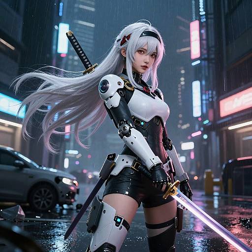 Digital art of a cybernetic, silver-haired woman with glowing eyes, holding a neon sword in a rainy, neon-lit city street. She
