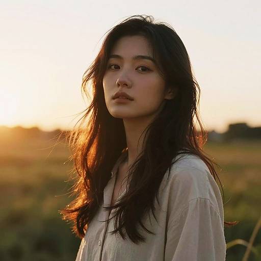 Photograph of a young Asian woman with long, dark, wavy hair, wearing a white, loose blouse, standing in a sunlit field at
