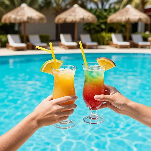 Photograph of two hands holding colorful tropical cocktails with straws and lemon slices, toasting by a bright blue pool.