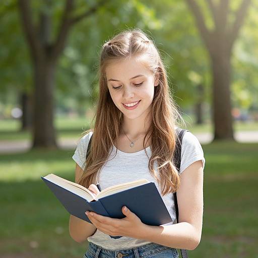 Young woman with long brown hair, white t-shirt, and blue jeans, smiling while reading a book in a sunlit park.