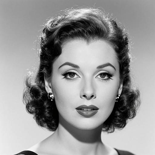 Black-and-white photograph of a 1940s-style woman with wavy, dark hair, wearing pearl earrings, and dark lipstick, gazing directly