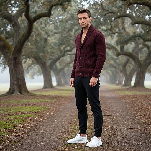 Photograph of a handsome, bearded man with short dark hair, wearing a maroon cardigan, black pants, and white sneakers, standing on
