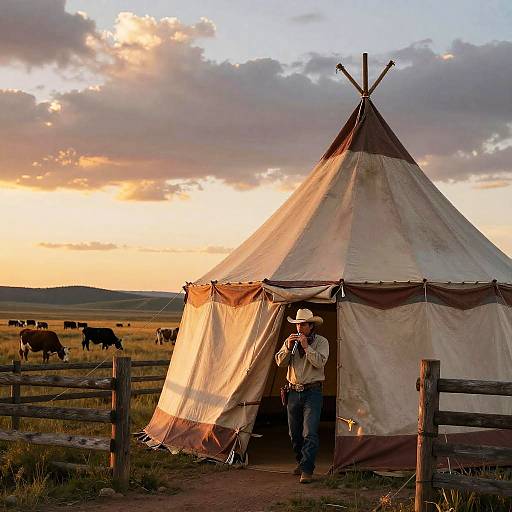 Old West Tent with Cowboy and Cattle