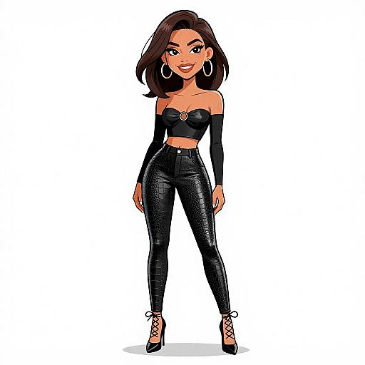 Cartoon-style illustration of a confident woman with dark brown skin and black bob haircut, wearing a black off-shoulder top, high-waisted