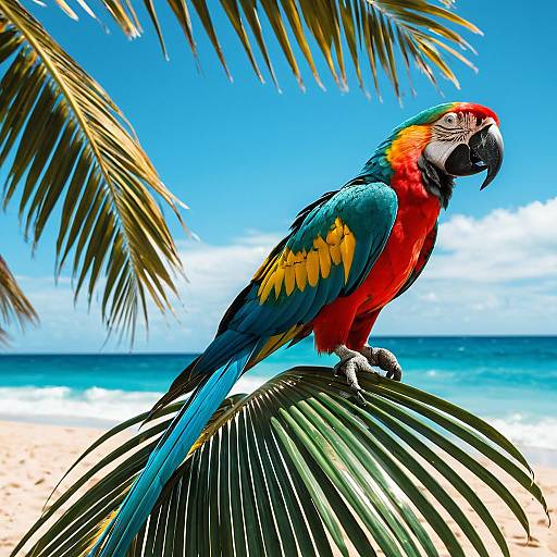 Colorful Macaw on Tropical Palm at Beach