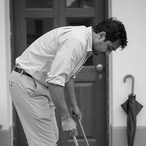 Man Bending Over in Black and White