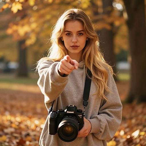 Photograph of a blonde woman with long wavy hair, wearing a gray hoodie, holding a camera in a sunlit autumn park, pointing directly at