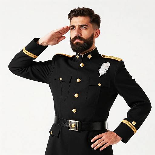 Photograph of a bearded man with dark hair, saluting with his right hand, wearing a black military uniform with gold trim and a white feather