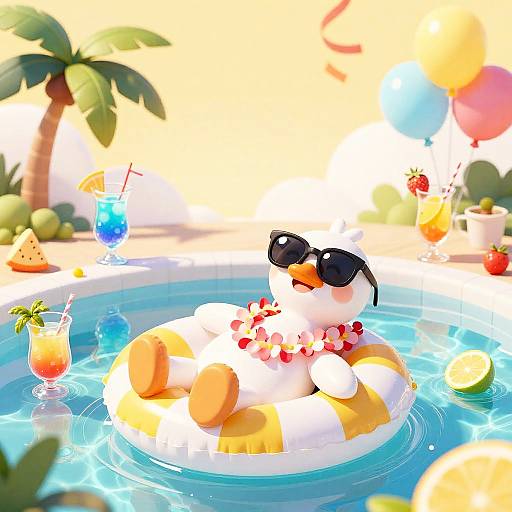 Cute cartoon duck in sunglasses and flower lei floating on a pool float, surrounded by tropical drinks, fruits, and balloons. Bright, sunny, and