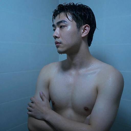 Blue-Lit Shower Portrait of Young Man