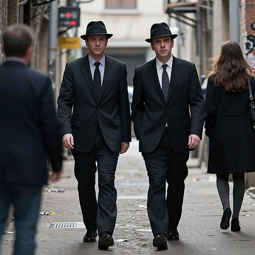 Photograph of two serious men in black pinstripe suits and hats, walking down a wet, urban alleyway with blurred pedestrians.