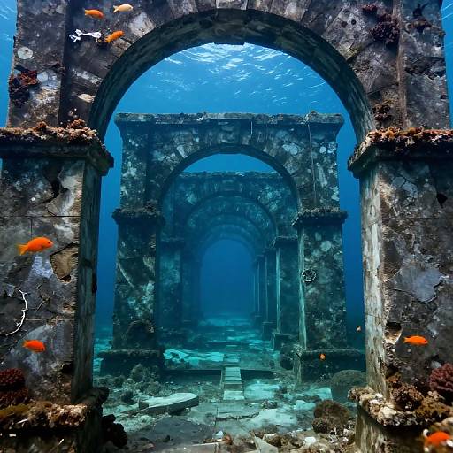 Photograph of an underwater ruin with three arches, blue water, and colorful orange fish swimming through the ancient, weathered stone structure.