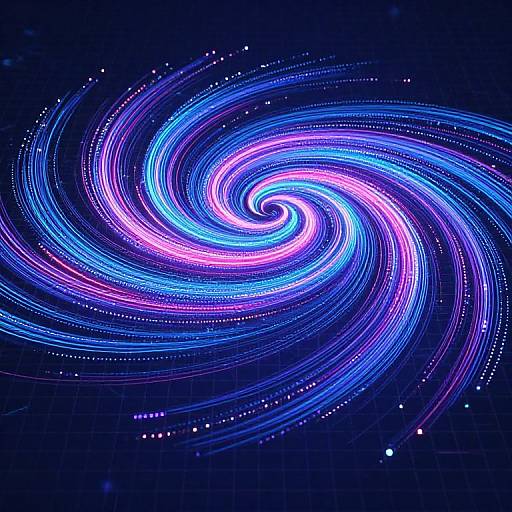 Vibrant, swirling galaxy pattern in neon blue, pink, and purple light trails against a dark blue background, resembling a cosmic whirlpool. Digital