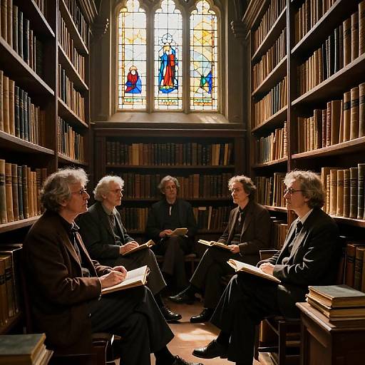 Photograph of five elderly men in black suits, seated in a sunlit, wooden library with tall bookshelves and a stained glass window, engaged