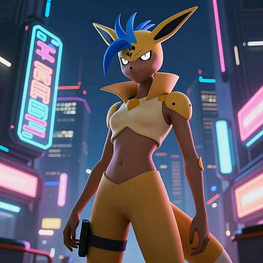 CGI anthropomorphic fox with blue hair, yellow and brown fur, neon city background, futuristic outfit, crop top, shoulder pads, gun holster,