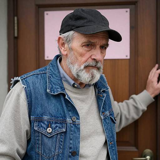 Sad Elderly Man by Wooden Door