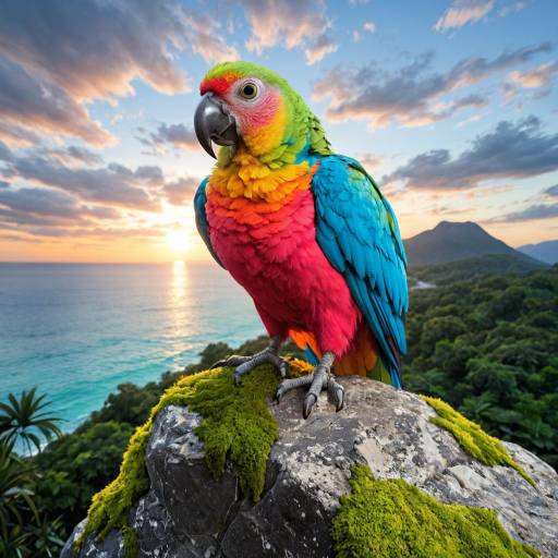 Elegant Parrot in Tropical Sunset Scene