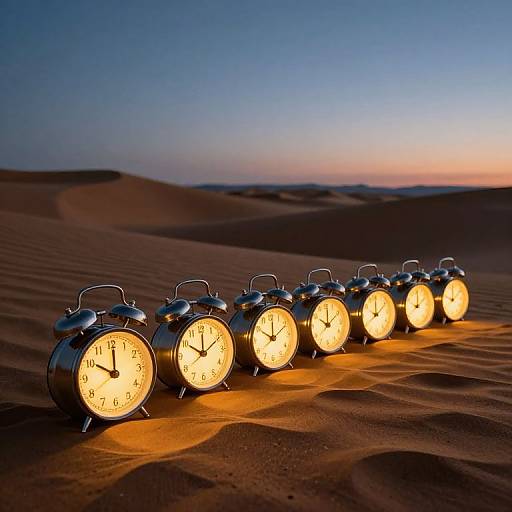 Glowing Alarm Clocks on Sand Dunes
