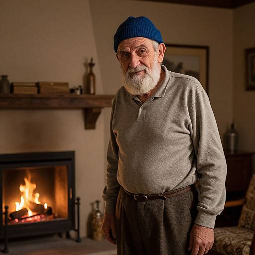 Photograph of an elderly white man with a white beard, wearing a blue knit beanie, gray polo, and brown pants, standing in a warmly