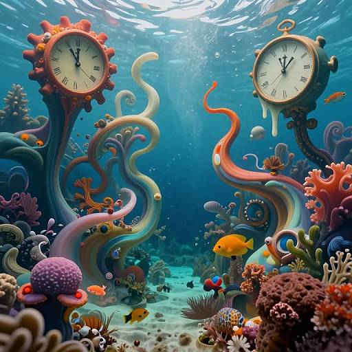 Underwater fantasy scene: colorful coral reef with swirling tentacles, two floating clock faces, and vibrant fish, illuminated by sunlight. Digital art.